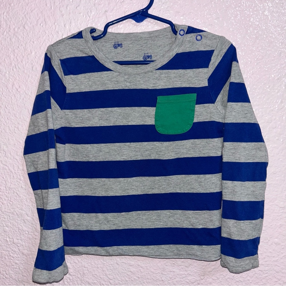 Baby Boden Reversible Blue and Gray Striped Long Sleeve Tee with Green Pocket